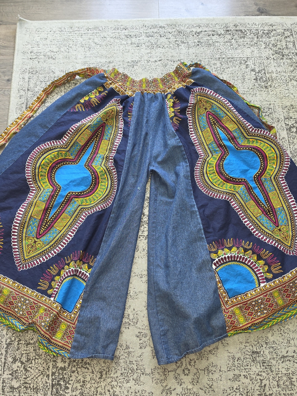 SO Denim Wide-Leg Jeans with Navy Dashiki Panels and Bright Blue Accents